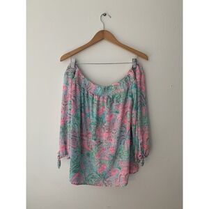 Lilly Pulitzer Maryellen Off Shoulder Top Bali Blue XL Resort Palm Beach Preppy